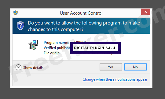Screenshot where DIGITAL PLUGIN S.L.U appears as the verified publisher in the UAC dialog